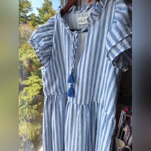Eliza J Blue White Stripe Tiered Tassel Flutter Cap Sleeve Women’s Dress Size 6